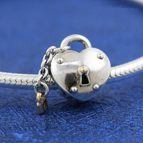 Two-Tone Heart Lock Gold Plated Charms 925 Sterling Silver Beads Fit Bracelets Christmas Gift DIY For Women Jewelry