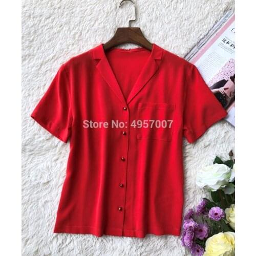ElfStyle Silk Watermelon Red Notched Collar Short Sleeve Beautiful Buttoned Shirt Top - Ladies Stylish Blouse Shirt