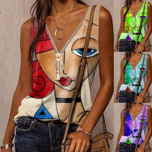 VIEUNSTA Cartoon Abstract Face Printing Sleeveless T-shirt Casual Loose V-neck Zipper Decoration Blouse Summer Trend Fashion 5XL