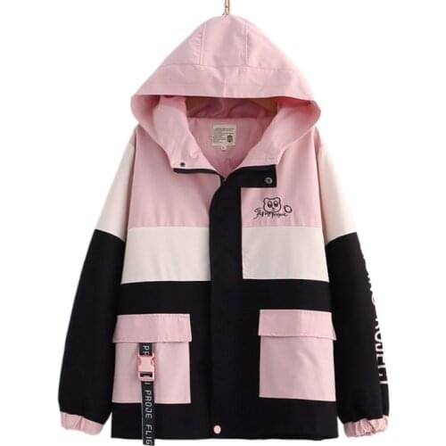 Women Patchwork Hooded Jackets Cartoon Print Harakuju Zipper Coats 2021 Autumn Full Sleeve Kawaii Sweet Style Pocket Outerwear