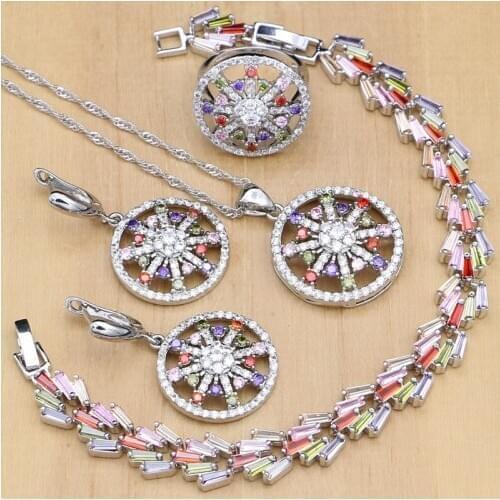 New Arrival Flower Multicolor Zircon Silver 925 Jewelry Sets For Women Wedding Earrings/Pendant/Rings/Bracelet/Necklac Set