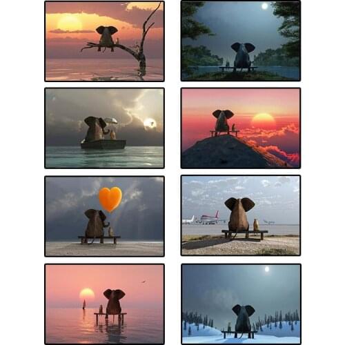 Funny little elephant modern canvas painting animal sunset love wall art posters and prints Nordic kids room home decoration