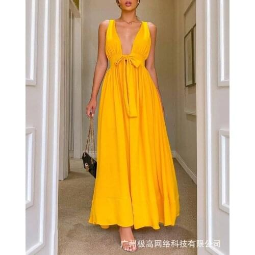 Europe and the United States 2021 new bright yellow sexy backless strappy dress