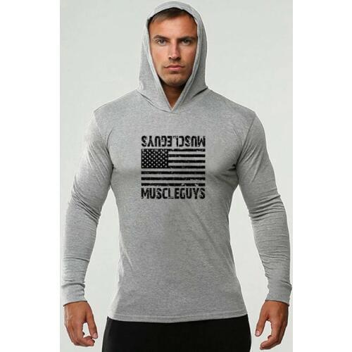 New Autumn Gym Shirt Cotton Fitness Men T-shirt Brand Clothing Sports T shirt Male Print Long Sleeve Hooded Running T Shirt