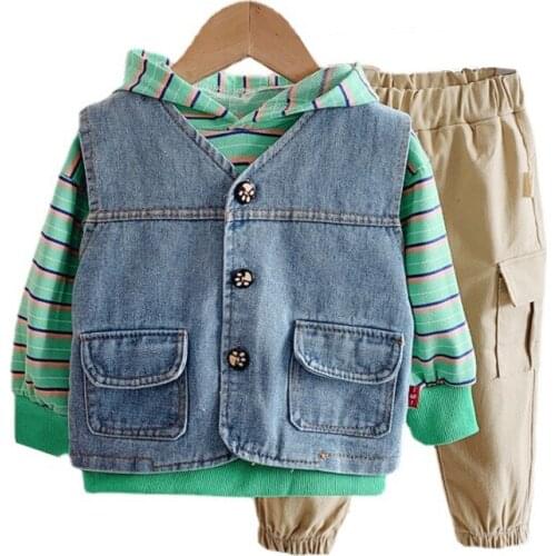 Autumn Children Cotton Clothes Suit Kids Boys Girls Cartoon Vest Hoodies Pants 3Pcs/sets Spring Baby Toddler Stripes Sportswear