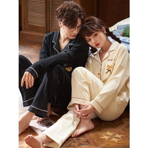 Couple Pajamas Spring And Autumn Long-Sleeved Cotton Ins Tide Net Red Cute Bear Home Service Suit Autumn And Winter Stripes