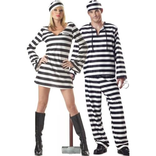 Factory Direct Selling Hot Sale Halloween Laides Black And White Stripe Bloody Convict Zombie Prisoner Costume