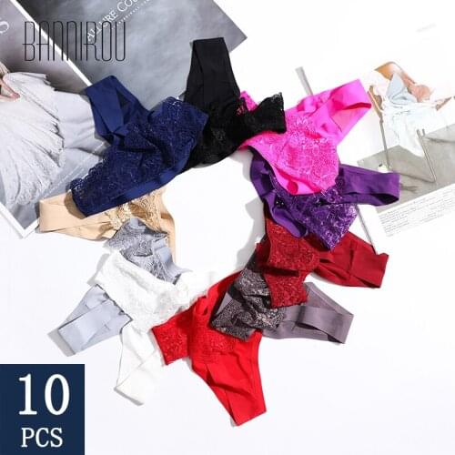 BANNRIOU 10 Pcs Female Underwear For Woman Ice Silk Thongs Sexy Lace Seamless Low Rise Panties Woman G-string Free Shipping New