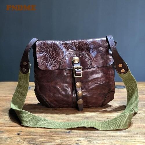 Vintage designer luxury genuine leather mens messenger bag fashion handmade natural cowhide teens pleated small shoulder bags