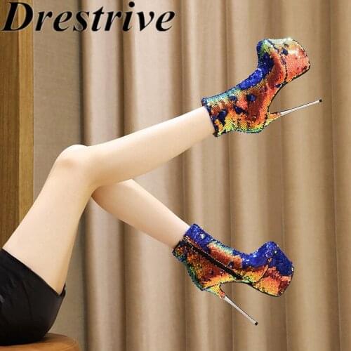 Drestrive Women Ankle Boots Bling Round Toe Platform Size 41 Green Zipper 2021 Fashion Supper Thin High Heel Shoes Sequins