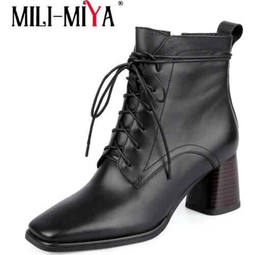 MILI-MIYA Fashion Square Toe Women Cow Leather Ankle Shoes Zippers Thick Heels Motorcycle Boots Spring/Autumn Size 34-43