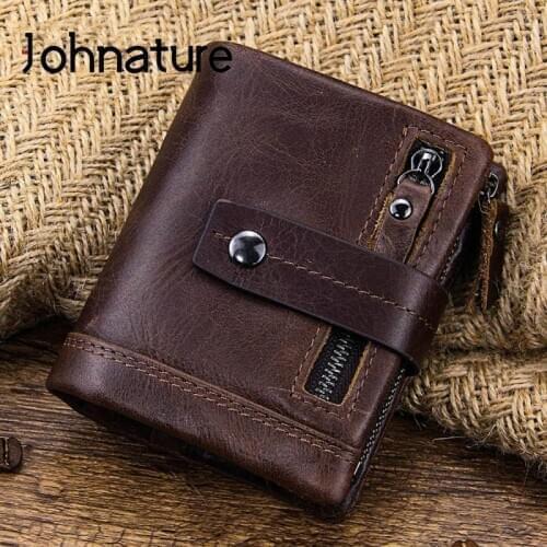 Johnature Genuine Leather Unisex Short Wallet 2020 New Multi Functional Coin Purse First Layer Cowhide Zipper & Hasp Wallets