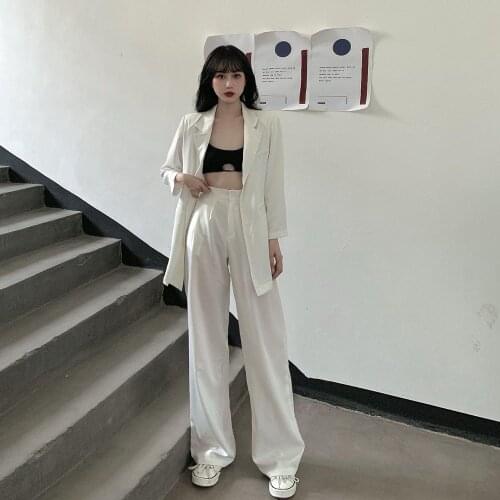Casual 2 Piece Set Women Blazer Jacket Ensemble Casual Wide Leg Straight Pant Suit Ensemble Female White Clothing Trousers Sets