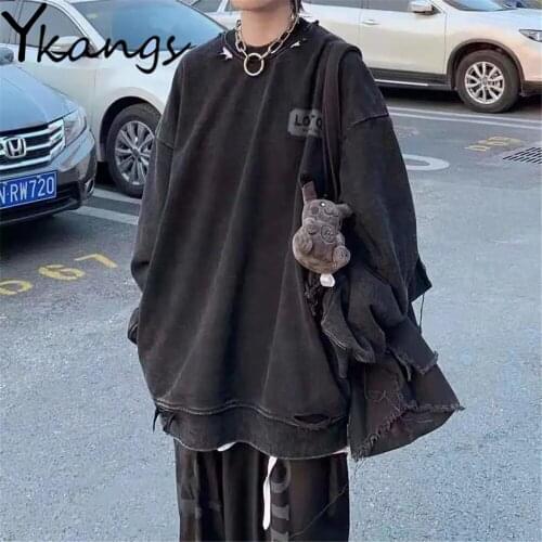 Gothic Design Distressed Ripped Streetwear Dark Style Loose Long Sleeve Trend Cool Pullover Bf Harajuku WomenS Black Sweatshirt