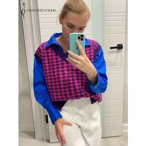 MEIYANGYOUNG V Neck Knitted Sweater Vest Women Sleeveless Oversized Houndstooth Fall Waistcoat Sweaters Goose Foot Vest Female