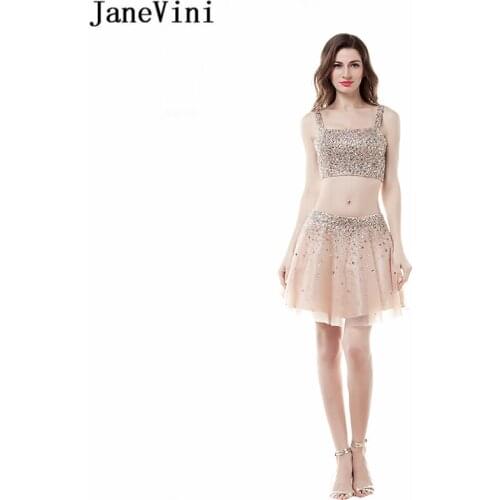 JaneVini Short Champagne Bridesmaid Dresses A Line Tulle Two Pieces Prom Gowns Spaghetti Straps Beading Formal Homecoming Dress