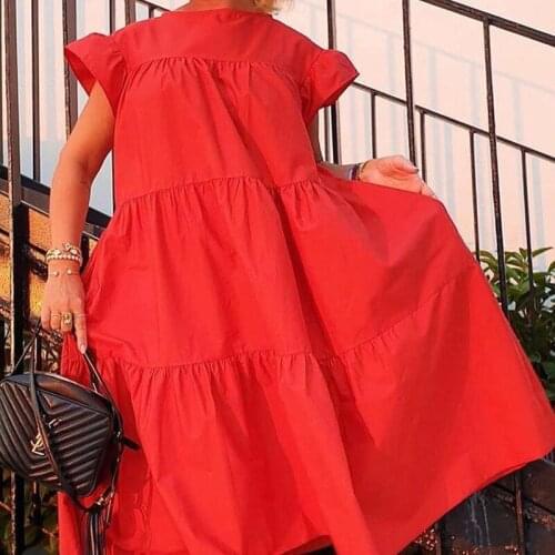Women Solid Color Ruffled Mid Long Dress Vintage Print O Neck Short Sleeve A Line Dress Sweet Holiday Ladies Robe Vestidos