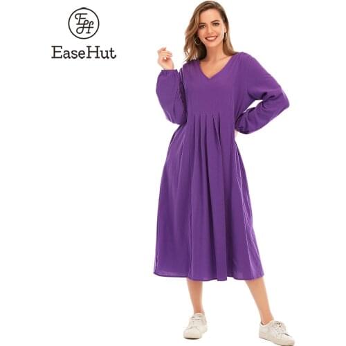 EaseHut Women Vintage Cotton Dress Solid Color V Neck Long Sleeve Elastic Cuff Ruched Loose Casual Dress Autumn Robe Female 2021