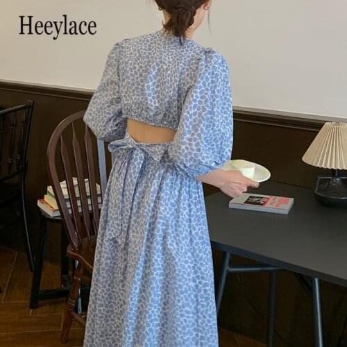New 2021 Women Summer Dresses Fashion High Waist V-Neck Backless Korean Lace Up Polka Dot Vintage Wild Lady Long Dresses