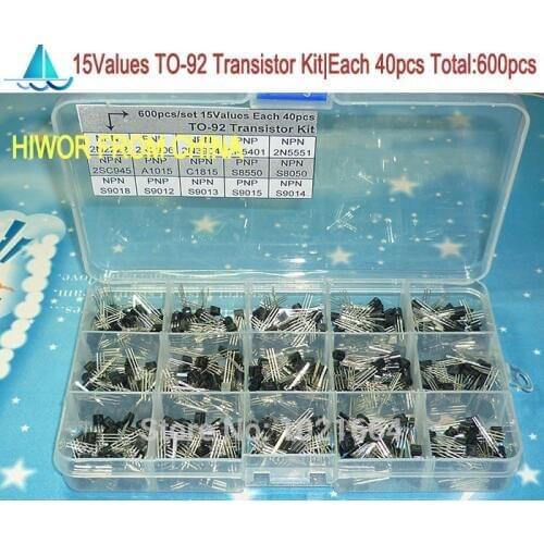 600pcs/lot) 15 Values TO-92 Transistor Assortment Assorted Kit Each 40pcs 2N2222 3906 3904 5401 5551 C945 1015 etc