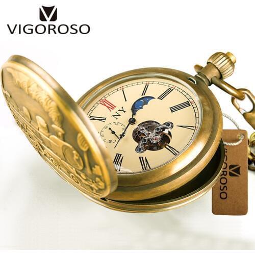 Antique Mechanical Pocket Watch Luxury Made Moon phase(12/24 Hours) Tourbillion Pure Copper Hand winding Watches For Men Women