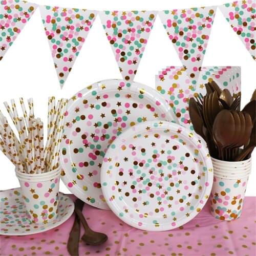 Bronzing Disposable Tableware Star Plates Wedding Gold Dot Decoration Birthday Party Supplies Baby Shower Dinnerware Christmas