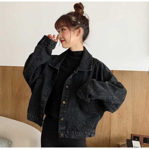Black Denim Short Jackets Women Loose Single Breasted Button Pockets Korean Style Chic Retro Harajuku Casual Streetwear Womens