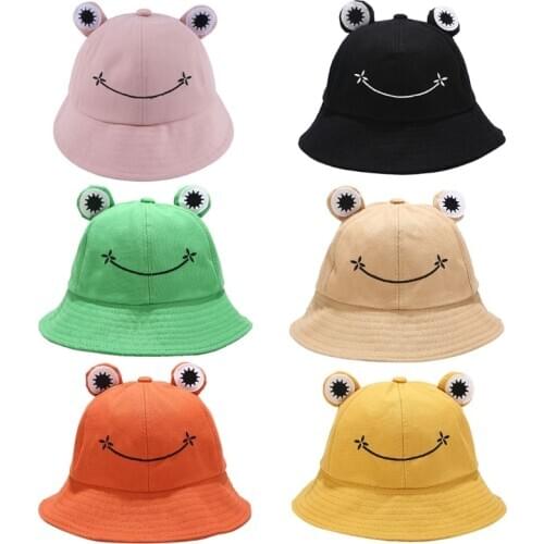 Kids Cute Cartoon Frog Animal Bucket Hat Solid Color Wide Brim Sun Protection Packable Adjustable Beach Fisherman Cap