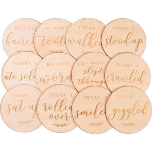 12 Pcs Baby Milestone Cards Wooden Commemorate Baby Birth Monthly Recording Cards Newborn Infant Shower Gifts