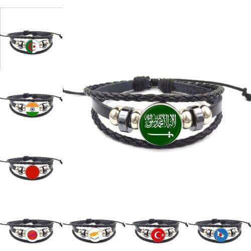 EJ Glaze For Women Choker Black Leather Bracelet Bangle Cartoon Jewelry Japan and Cyprus and Saudi Arabia National Flag