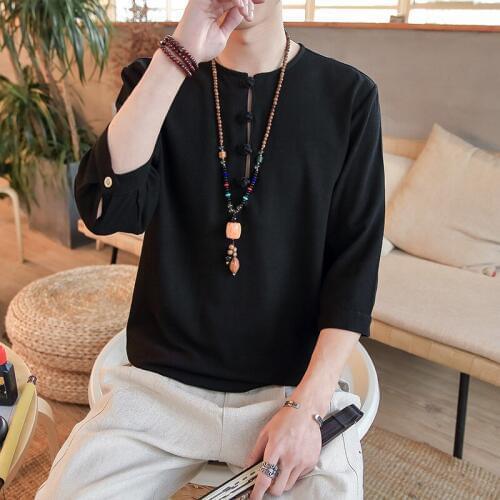 Chinese Tops for Men Three Quarter Sleeve Solid Linen Traditional Kung Fu Vintage China Fashion Wu Tang Clan Clothing CN-142