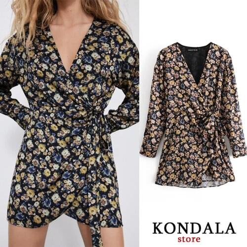 KONDALA Za 2020 Fashion Women Bpdysuit Undefined Floral Sashes Mini Playsuit Long Sleeve V-Neck Short Pants Bodysuit Mujer