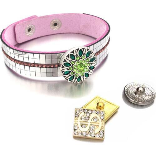 6 Colors Fashion Bling Bling 325 Crystal Leather 18mm Snap Button Charm Bracelet Bangle Jewelry For Women Teenagers Gift