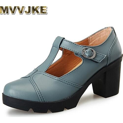 MVVJKE 2020 women Sexy heel pumps genuine leather shoes woman buckle platform T strap round toe pumps women shoes