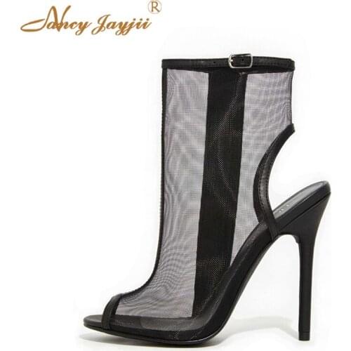 Nancyjayjii Women Black Mesh Sexy High Heels Pumps Shoes Woman Peep Toe Female Sandals Casual&Party Zipper Zapatos Large Size 16