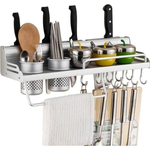 Wall Mounted Pot Pan Rack Multifunctional Kitchen Bookshelf Storage Rack with Bottle Rack Silverware Caddy Cutlery Blocks Hang