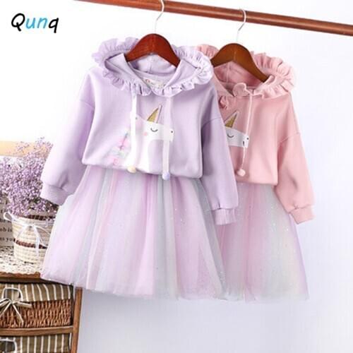 Qunq Girls Spring Skirt Set Hooded Cartoon unicorn Sweatshirt Toddler Children Suits 2021 New Long Sleeve Kids Clothes