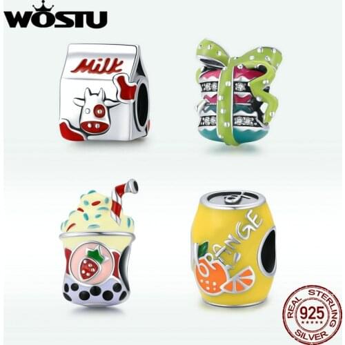 WOSTU Genuine 925 Sterling Silver Enamel Mini Milk Ice Cream Bead Charm Pendant Fit Bracelet Bangle Women DIY Fine Jewelry Gift