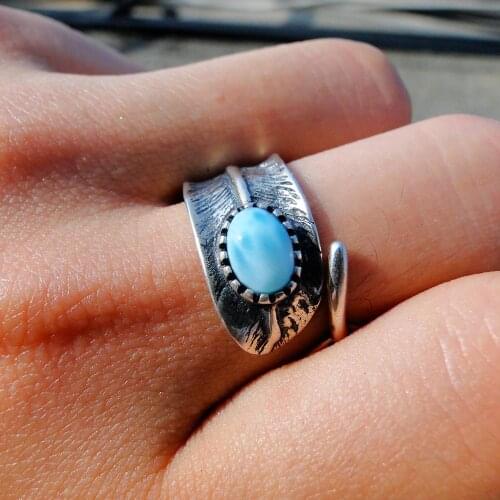 High Quality Charms Antique Design 925 Sterling Silver Adjustable Insect Ring Jewelry Natural Larimar Rings
