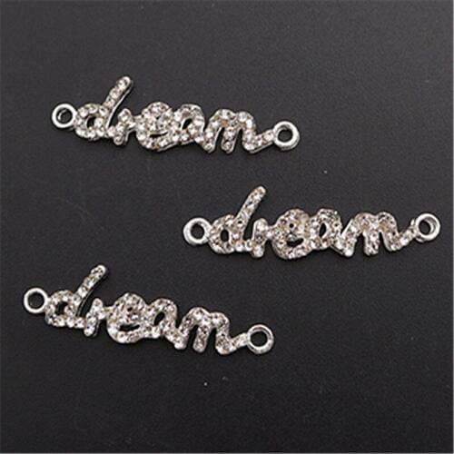 WKOUD 6pcs handmade rhinestone Silver Color letters dream charm fashion bracelet necklace DIY metal jewelry alloy connectors