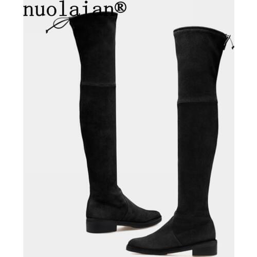Women Black Platform Boots Faux Suede Leather Thigh High Boot Woman Snow Winter Shoes Lady Over The Knee Boots Womens Sock Shoe
