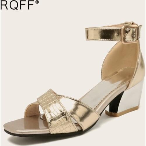 Leather Gladiator Sandals Handmade Big Size 43 Peep Toe 5cm Block Heels Shoes Women 2021 Summer New Fashion Silver Gold Footwear