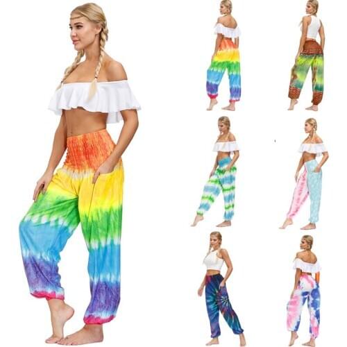Tie-Dye Printed Womens Loose Casual Pants Sports Fitness Running High Waist Yoga Pants Wide-Leg Trousers Bloomers Bohemia
