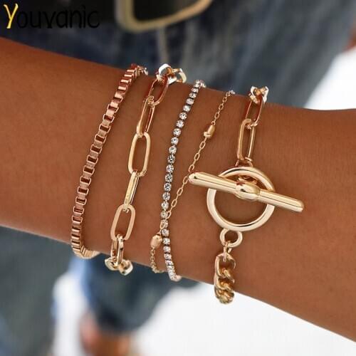 Youvanic Punk Gold Crystal Multilayer Charm Bracelet Bangle For Women Big Geometric Wrist Chain Link Hiphop Fashion Jewelry 0478