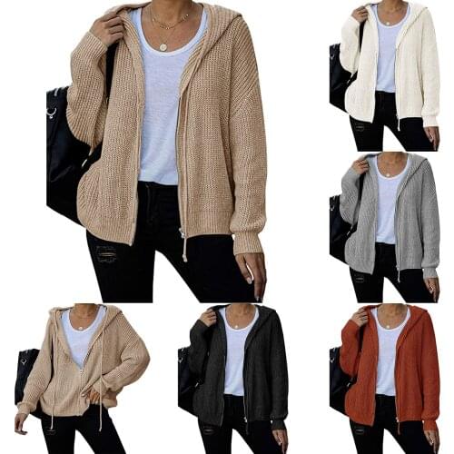 2021 Women Loose Hooded Sweater Adults Solid Color Long Sleeve Zipper Cardigan with Drawstring for Daily Wear Club Travel