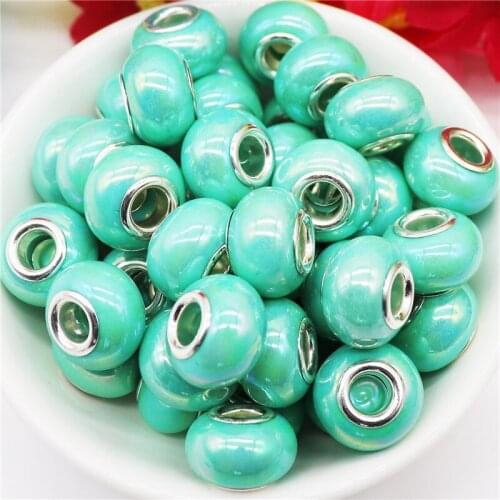 10Pcs/lot Blue Color DIY Resin Muranos Large Hole Spacer Beads Silver Plated Fit Pandora Bracelet Necklace Female Jewelry Making