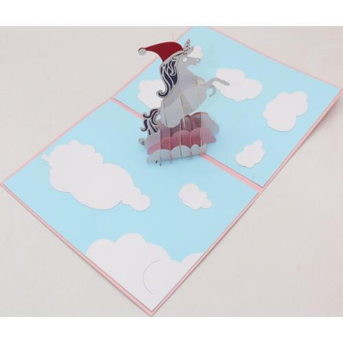 3D Handmade Cartoon Wearing Xmas Cap Unicorn Paper Invitation Greeting Cards Postcard Kids Birthday Party Merry Christmas Gift