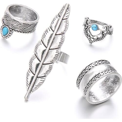 4Pcs/Set Vintage Silver Color Metal Midi Finger Rings Sets for Women Boho Big Leaf Crown Finger Ring Indian Turkish Jewelry Gift