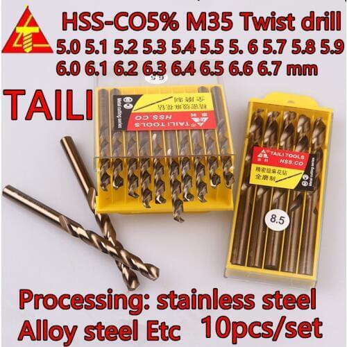 5.0-6.7mm 10pcs/set TAILI HSS-CO5 M35 Twist drill Processing: stainless steel Alloy steel Etc. Free shipping