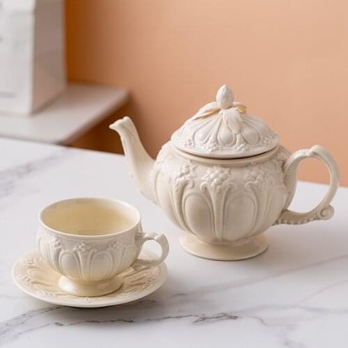 British Cream Vintage Coffee Cup Creative Ceramic Embossed Exquisite Teacup Kettle European Style Simple Afternoon Tea Set